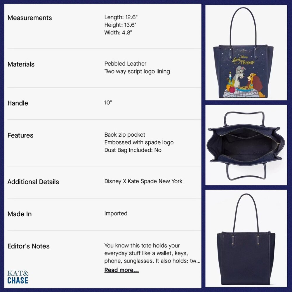Kate Spade Disney Tote Bag Large KH464 Lady And The Tramp Navy Double Handle - Picture 11 of 11